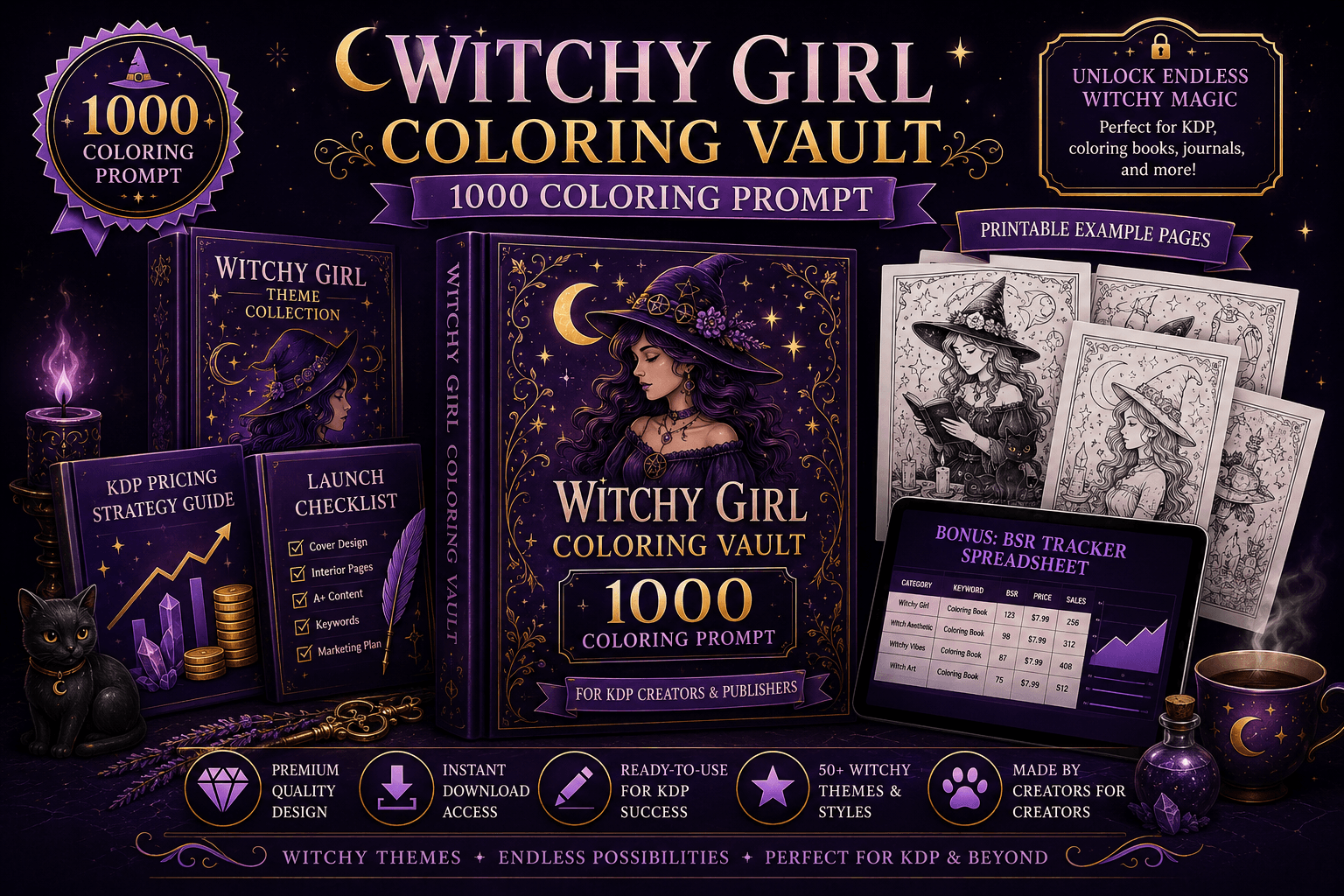 Witchy Girl Coloring Vault — 1,000 Prompts